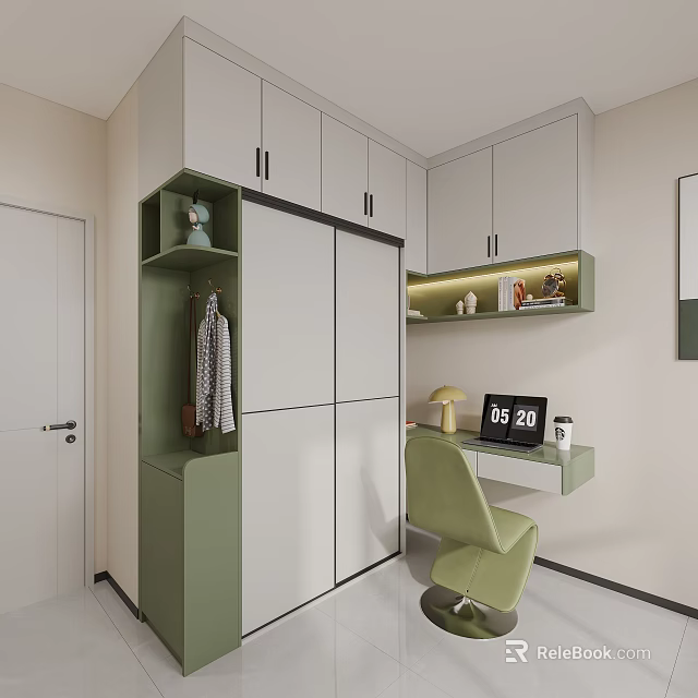 Modern Wardrobe Design Featuring White Green Sliding Doors Hanging Area Shelves And Side Desk 3d model 