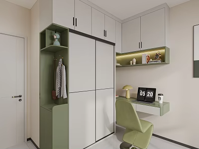 Modern Wardrobe Design Featuring White Green Sliding Doors Hanging Area Shelves And Side Desk 3d model