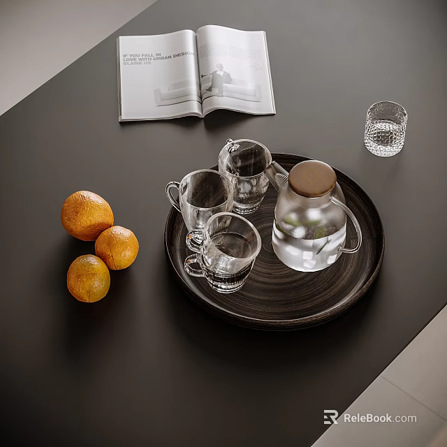 Stylish Tabletop Decor Set With Black Tray Glass Jug Wooden Lid Cups Oranges And Magazine 3d model 