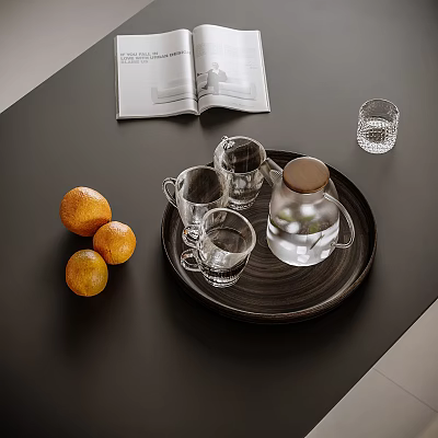 Stylish Tabletop Decor Set With Black Tray Glass Jug Wooden Lid Cups Oranges And Magazine 3d model