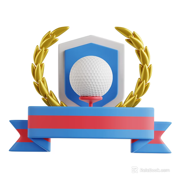 Decorative Golf Trophy Ornament with Gold Laurel Wreaths Blue Shield and Red Tee Ribbon 3d model 