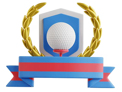 Decorative Golf Trophy Ornament with Gold Laurel Wreaths Blue Shield and Red Tee Ribbon 3d model