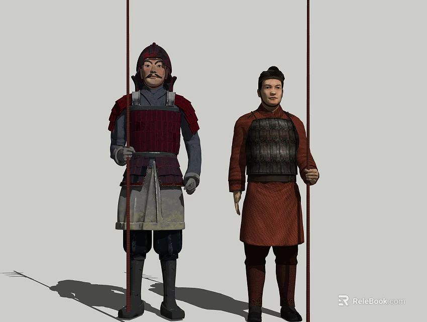 Two Game And Movie Ancient Warrior Characters With Traditional Armor And Long Spears 3d model 