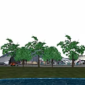 Modern Public Architectural Structure Featuring Curved Roof Water Pool Trees And Outdoor Landscaping
