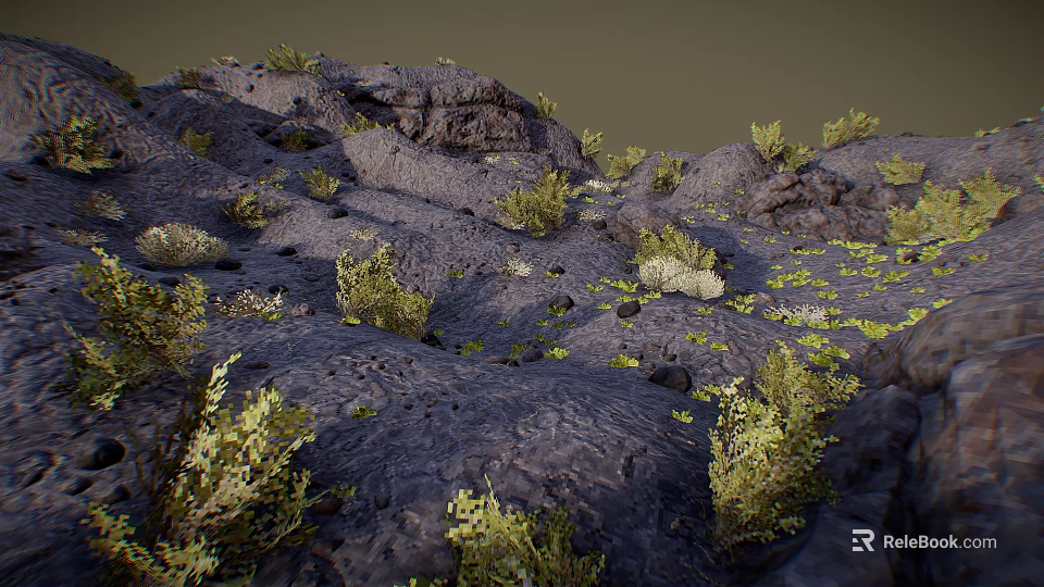 Natural Mountain Landscape With Rocky Terrain And Scattered Green Vegetation 3d model 