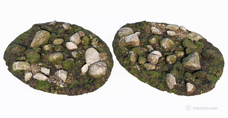 Natural Stone and Wood Circular Garden Decor Covered in Lush Green Moss 3d model 