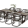 Modern Wooden Dining Table Set With Six Chairs Potted Plant Fruits And Glassware