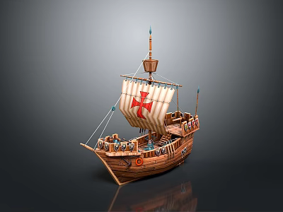 Wooden Sailing Ship With White Sail Red Cross And Historical Deck Details 3d model