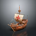 Wooden Sailing Ship With White Sail Red Cross And Historical Deck Details