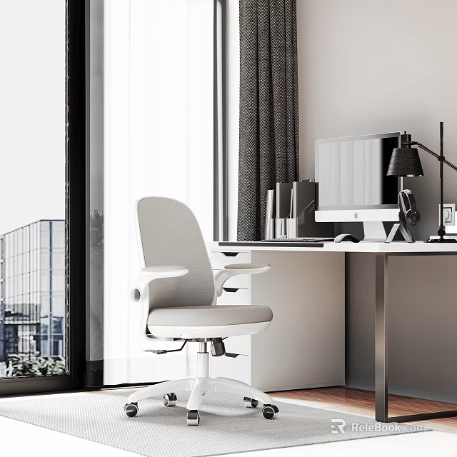 White Adjustable Leisure Chair With Armrests In Modern Office With Desk Computer And Window View 3d model 