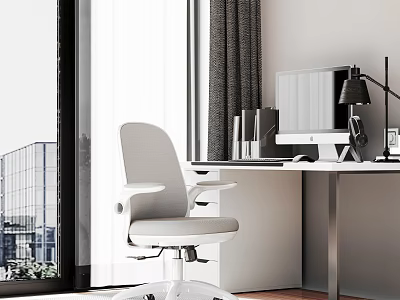 White Adjustable Leisure Chair With Armrests In Modern Office With Desk Computer And Window View 3d model