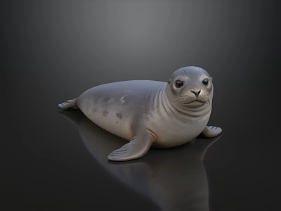 Gray And White 3D Model Seal Lying On Black Background With Reflection 3d model