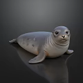 Gray And White 3D Model Seal Lying On Black Background With Reflection