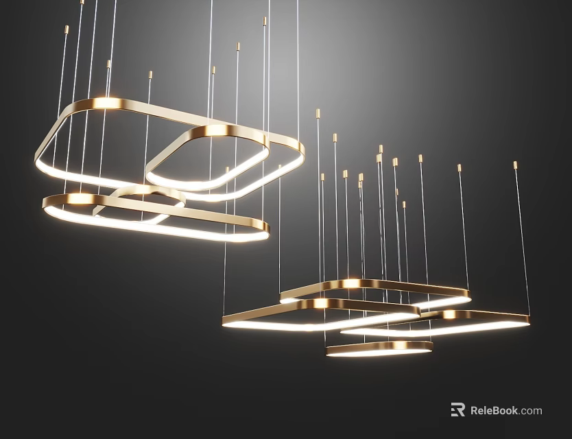Modern Geometric Chandeliers with Golden Frame and LED Light Strips Suspended in Black Background 3d model 