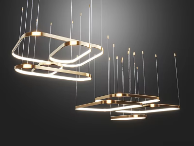 Modern Geometric Chandeliers with Golden Frame and LED Light Strips Suspended in Black Background 3d model
