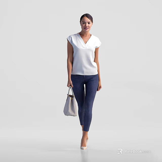 Woman in White V Neck Short Sleeve Top and Blue Skinny Jeans Carrying Beige Handbag 3d model 
