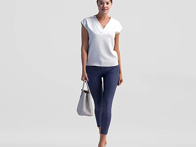 Woman in White V Neck Short Sleeve Top and Blue Skinny Jeans Carrying Beige Handbag 3d model
