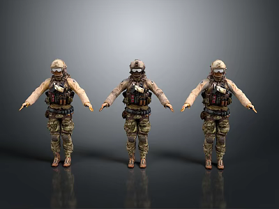 Three Camouflage Tactical 3D Model Figures With Military Gear And Helmet 3d model