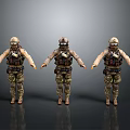 Three Camouflage Tactical 3D Model Figures With Military Gear And Helmet