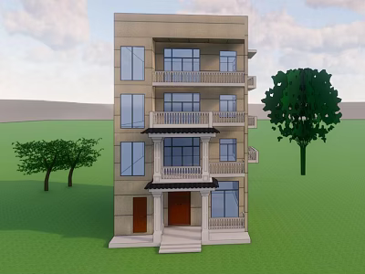 Detached Villa Beige Exterior with Three Floors Balconies and Green Lawn 3d model