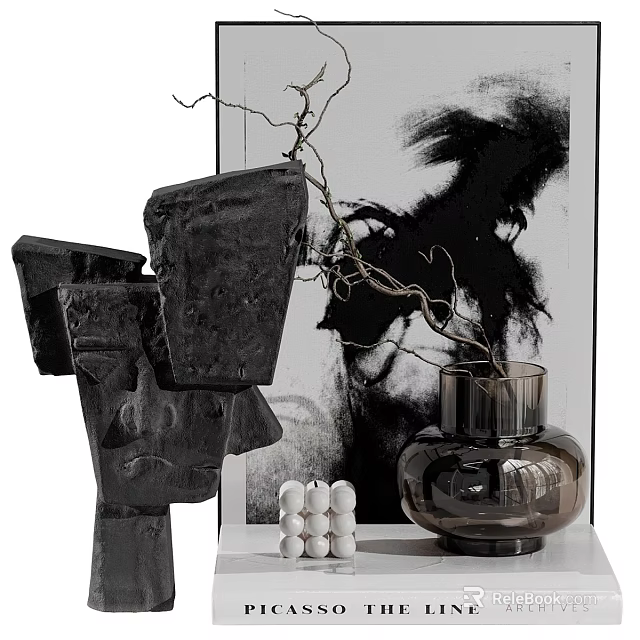 Modern Decorative Ornament Set with Black Abstract Sculpture Vase Twigs and White Cylindrical Ornaments 3d model 