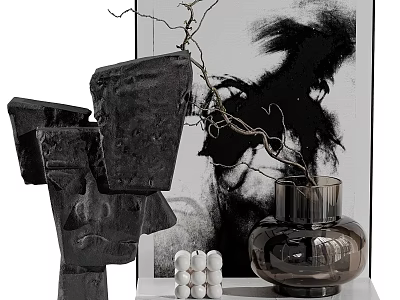 Modern Decorative Ornament Set with Black Abstract Sculpture Vase Twigs and White Cylindrical Ornaments 3d model