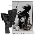 Modern Decorative Ornament Set with Black Abstract Sculpture Vase Twigs and White Cylindrical Ornaments