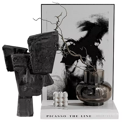 Modern Decorative Ornament Set with Black Abstract Sculpture Vase Twigs and White Cylindrical Ornaments 3d model