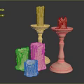 Three Candle Holders With Copper Bases And Burned Beige Candles Against Dark Background