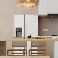 Modern Dining Table Set With Kitchen Island Wooden Stools Rattan Pendant Light And White Cabinets