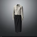 Minimalist Women's Outfit With White Long Sleeve Collared Shirt And Dark Wrap Skirt