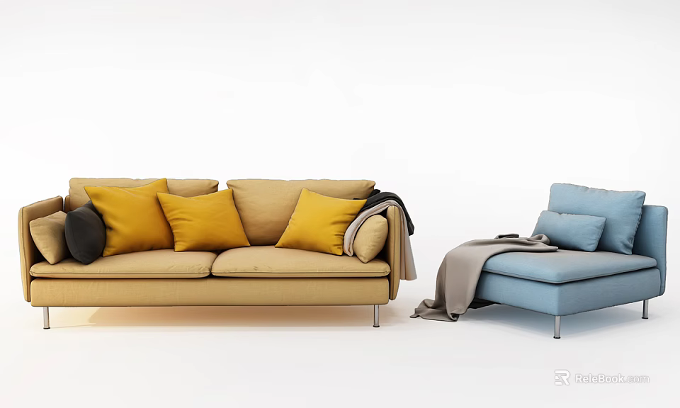 Modern Sofa Combination Interior With Beige Main Sofa Blue Armchair Yellow Black Pillows And Throw Blanket 3d model 