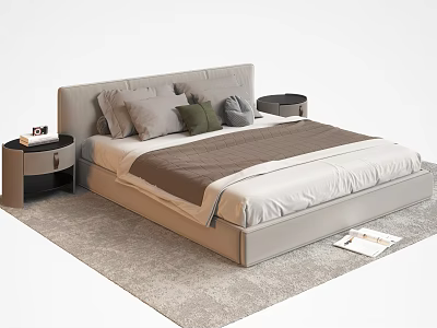 Upholstered Double Bed With Gray Headboard Beige Brown Bedding Green Blue Pillows Nightstands On Rug 3d model