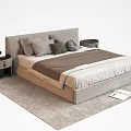Upholstered Double Bed With Gray Headboard Beige Brown Bedding Green Blue Pillows Nightstands On Rug