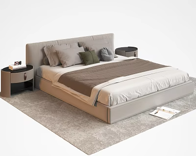 Upholstered Double Bed With Gray Headboard Beige Brown Bedding Green Blue Pillows Nightstands On Rug 3d model