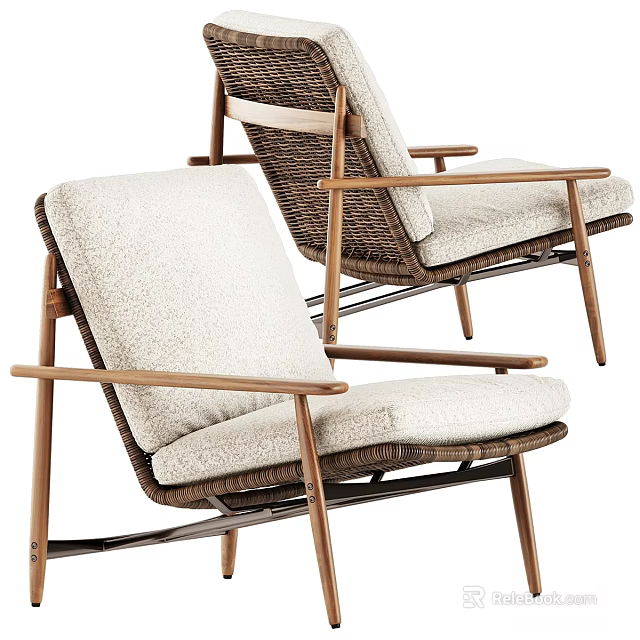Modern Lounge Chair With Wooden Frame Woven Seat And Plush White Cushion 3d model 