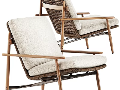 Modern Lounge Chair With Wooden Frame Woven Seat And Plush White Cushion 3d model