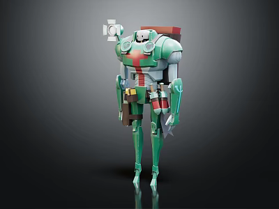 Mechanical Character in Green Armor with Red Details Shoulder Mount Standing Pose on Dark Background 3d model