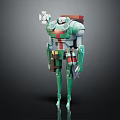 Mechanical Character in Green Armor with Red Details Shoulder Mount Standing Pose on Dark Background
