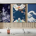 Traditional Japanese Style Kitchen Curtains With Wave Sushi Mountain Cherry Blossom Prints