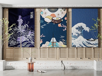 Japanese-style Kitchen Curtain Door Curtain Combination 3d model