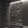 Display Shelf With Metal Grid Structure Showcasing Trophies And Decorations