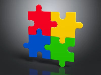 Vibrant Red Yellow Blue Green Building Blocks Assembled As Puzzle On Dark Background With Reflection 3d model