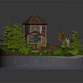Rustic Wooden House With Tile Roof Surrounded By Pine Trees And Grass Pathway
