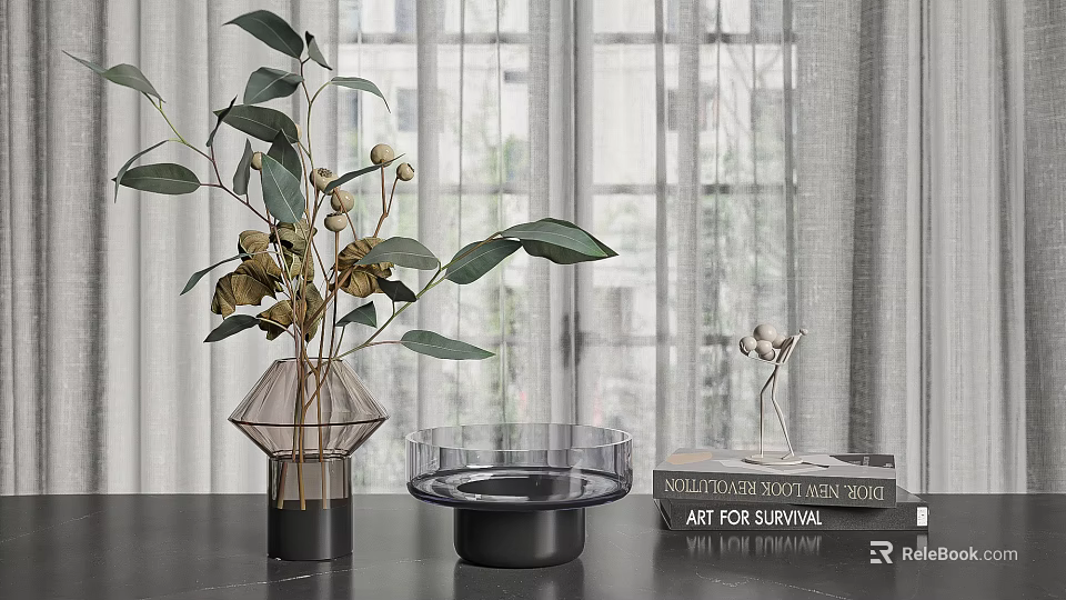 Decorative Ornament Set With Vase Green Leaves Dried Flowers Clear Tray Black Base And Books 3d model 
