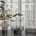 Decorative Ornament Set With Vase Green Leaves Dried Flowers Clear Tray Black Base And Books
