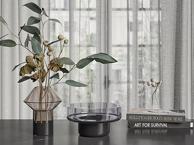 Decorative Ornament Set With Vase Green Leaves Dried Flowers Clear Tray Black Base And Books 3d model