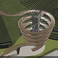 Modern Spiral Tower In Mountainous Green Landscape With Winding Path And Lush Vegetation