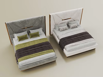 Modern Double Bed with Grey White Headboard and Striped Bedspread in Green Grey Brown White 3d model