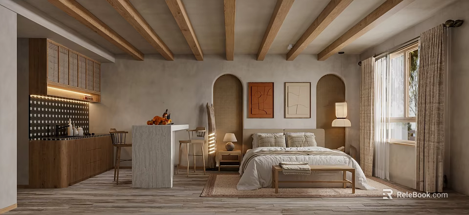 Hotel Guest Room With Wooden Beam Ceiling Arched Doorways Bed And Decorative Paintings 3d model 